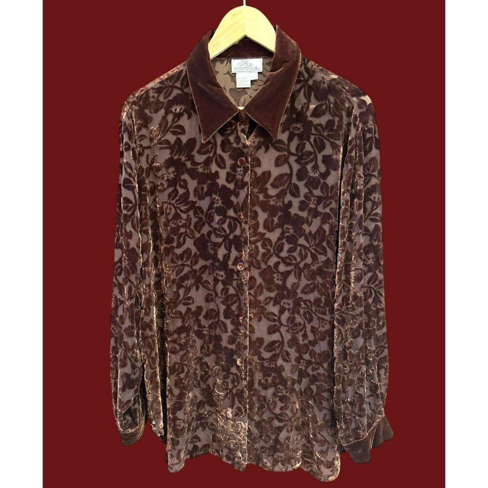 Velvet Floral Button-Up Blouse in Brown